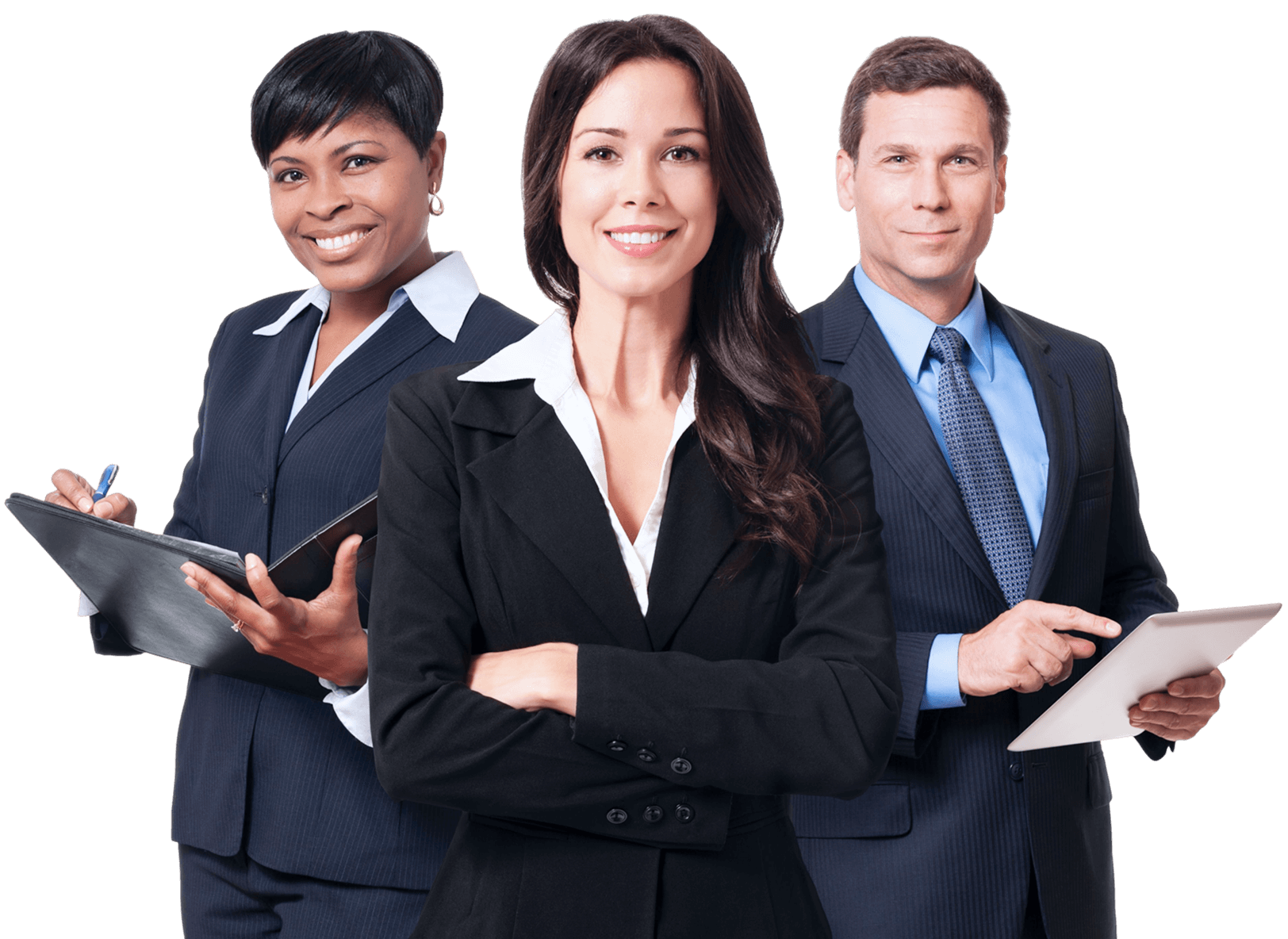 Three professionals in business attire, two women and one man, holding documents and smiling at the camera.