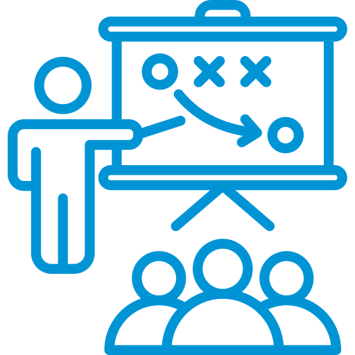 A person points at a strategy board with circles and Xs, illustrating a plan to three people.
