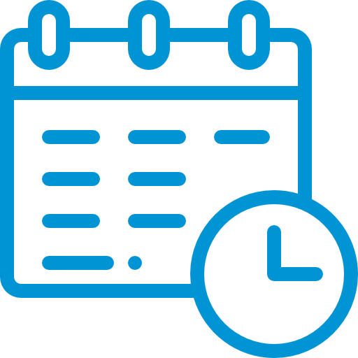 Calendar icon with horizontal lines for dates and a clock symbol in the lower right corner, depicted in blue.
