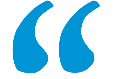 Blue quotation mark symbol on a white background.